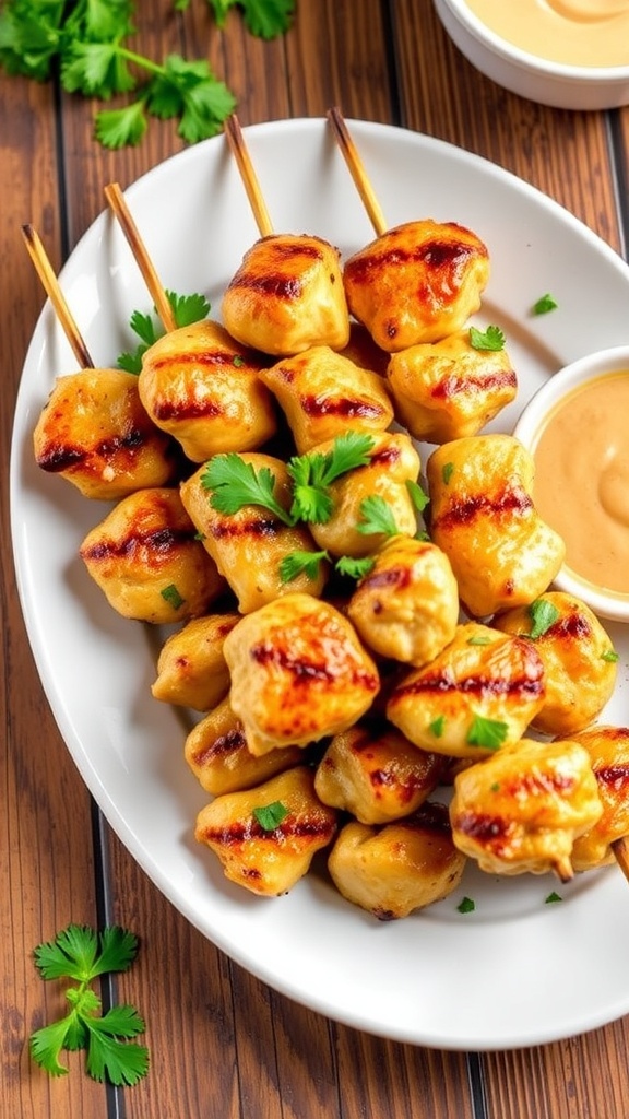 Grilled garlic parmesan chicken skewers on a plate, garnished with parsley and served with dipping sauce.
